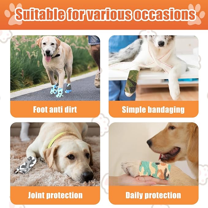6 Roll 2 Inch x 5 Yards Camo Pet Vet Wrap for Dogs Cats, Cohesive Bandages in Bulk, Camouflage Non-Woven Self Adhesive Bandages Wrap Roll for Pet Animals Wound Care Ankle Sprains and Swelling