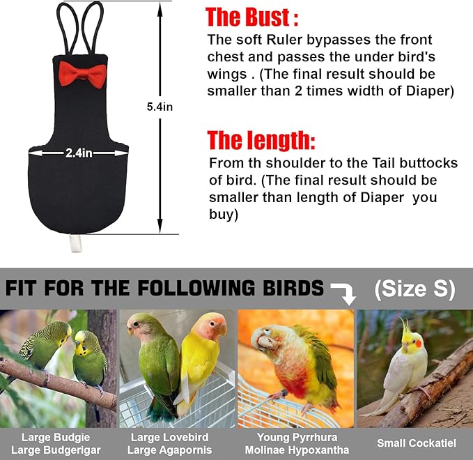 Bird Diaper Washable Parrot Diapers Reusable Bird Flight Suit Nappies Protective Breathable Parrot Nappy Clothes for Parakeet Parrot Macaw Budgie Canary Budgie Cockatiel(Black, Small)