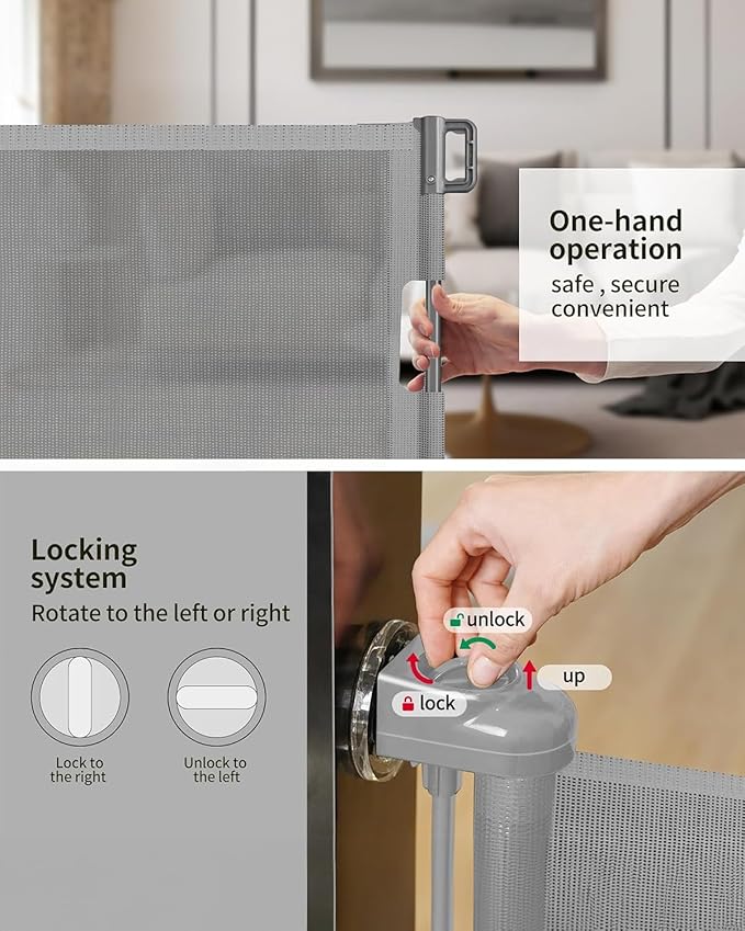 Punch-Free Install Retractable Baby Gate, Mesh Baby Gate or Mesh Dog Gate,33" Tall,Extends up to 54" Wide,Child Safety Gate for Doorways, Stairs, Hallways, Indoor/Outdoor(Grey,33"x54")