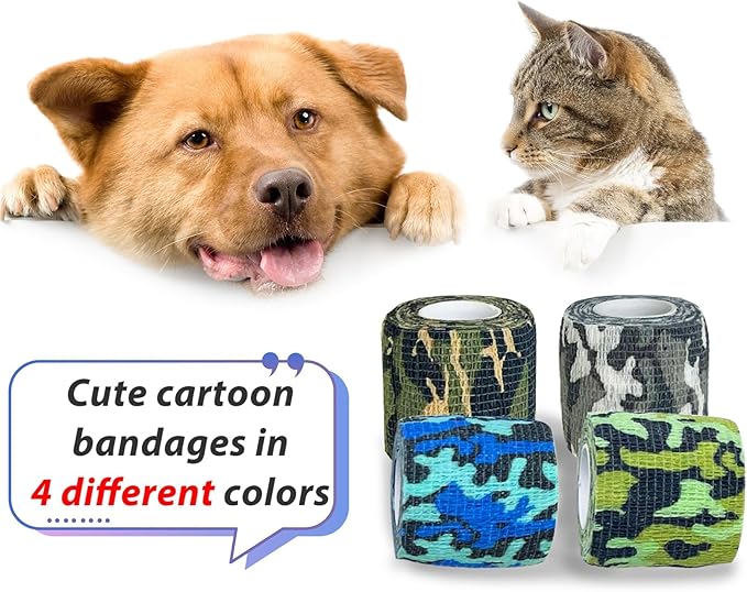 kathson 16PCS Vet Wrap Tape Veterinarian Self Adhesive No Chew Bandage Wound Dressing Medical Bandage Gauze for Animals Pets Dogs Cats Horses Ear Feet Paw Tail Injury(Black,Brown,Green,Jungle Color)