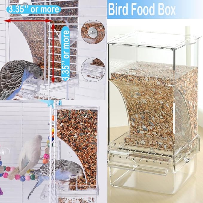 Bird Parrot Feeders, No Mess Automatic Cage Feeder Dispenser Food Container, Auto Bird Seed Bowl for Small Medium Birds, Cockatiel Canary Cockatoos Parakeet Conure Lovebird, Acrylic Clear (Feeder)