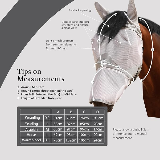 Harrison Howard Full Face Horse Fly Mask UV Protection and Breathable Mask for Equine Use Comfortable Fly Mask for Horses Grey L