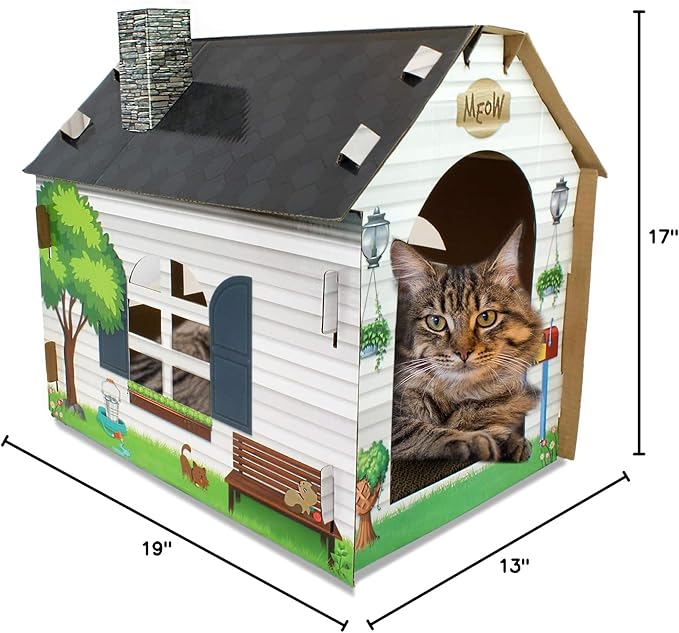 ASPCA Cardboard Cat House Hideaway Playhouse with Cat Scratcher Scratching Pad 19"L x 13"W x 17"H
