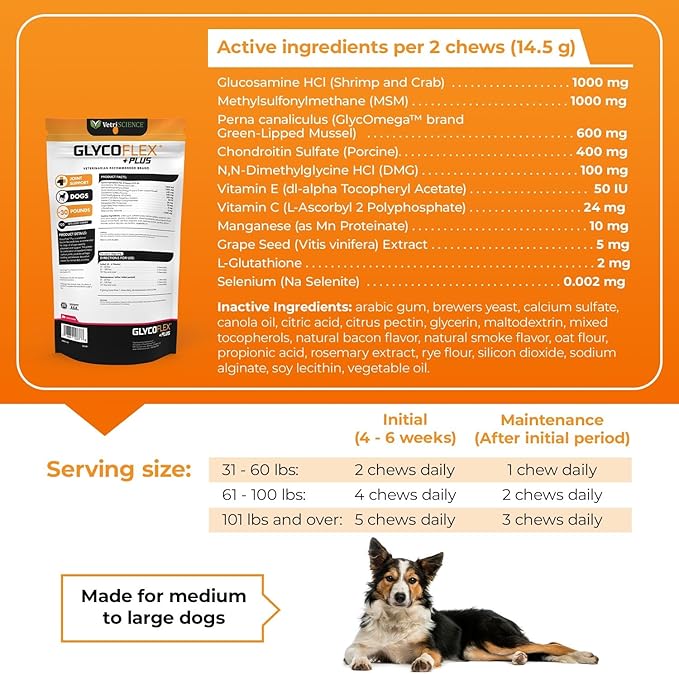VetriScience GlycoFlex Plus Hip and Joint Supplement for Dogs – Extra-Strength Joint Support Chews with Green Lipped Mussel, Chondroitin, and Glucosamine for Dogs