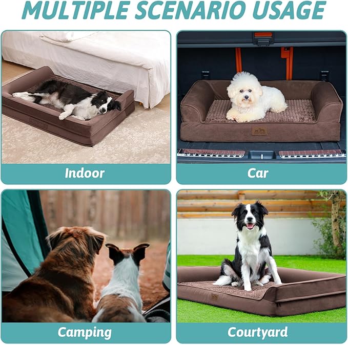 Orthopedic Dog Beds for Extra Large Dogs, Waterproof Memory Foam XXL Dog Bed with Sides, Non-Slip Bottom and Egg-Crate Foam Big Dog Couch Bed with Washable Removable Cover, Brown (U-Shaped)