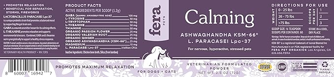 Fera Pets Calming Supplement for Dogs & Cats - Vet Created - GABA & Ashwagandha Supplements Help Cat & Dog Anxiety, Stress or Hyperactivity -60 Scoops