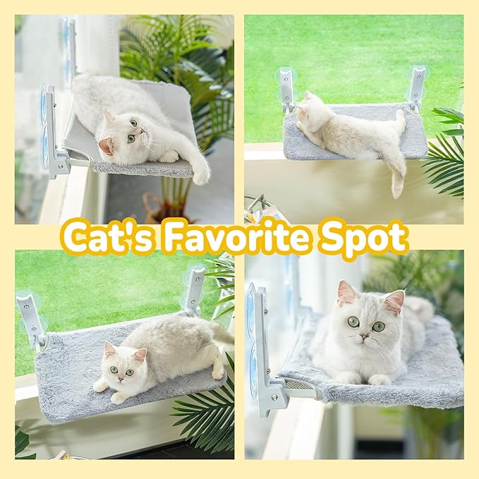 Foldable Cat Window Perch, Cordless Cat Hammock Window with 4 Strong Suction Cups, Cat Beds for Indoor Cats, Solid Metal Frame Holds 44lbs, Reversible Cover, 20.4L'' x 11.8W'', Grey