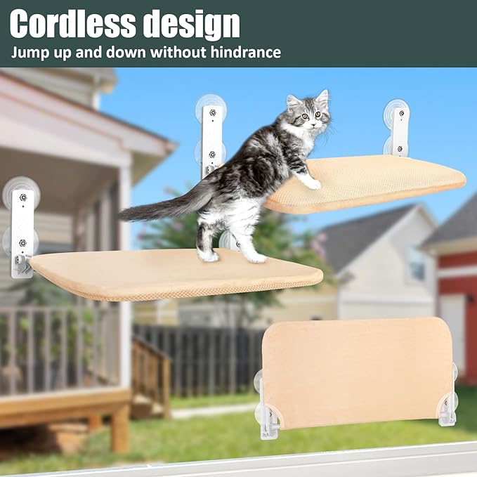 Sunhoo Cat Window Hammock Perch Cordless Perches Window Sill Seat Bed Foldable Stable Lounger Upgraded Suction Cup Easy Assembly Indoor Cats Kitty Shelf Hold Up to 55lbs(Beige,S