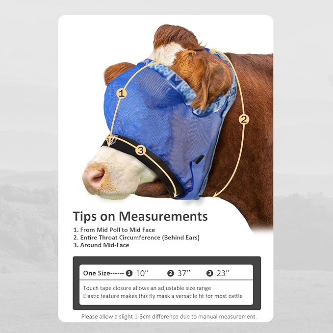 Harrison Howard Cattle Livestock Fly Mask Breathable Mesh Padded Edging with Fun Patterns Large Spacing Forelock Opening Design Adjustable Fit for Cattle Blue