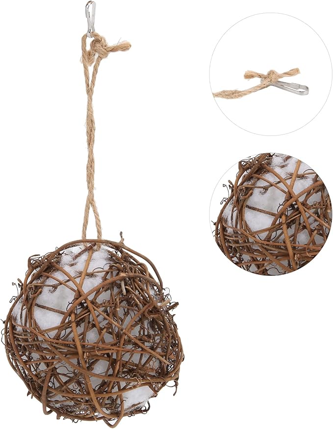 Parrot Rattan Ball Toy, Humming Bird Nesting Rattan Ball Toy with Refillable Cotton for Wild Birds Wrens Finches Sparrows