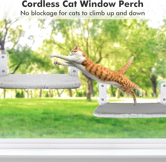 AMOSIJOY Cordless Cat Window Perch, Cat Hammock with 4 Suction Cups, Solid Metal Frame and Reversible Cover, Foldable Cat Beds for Indoor Cats