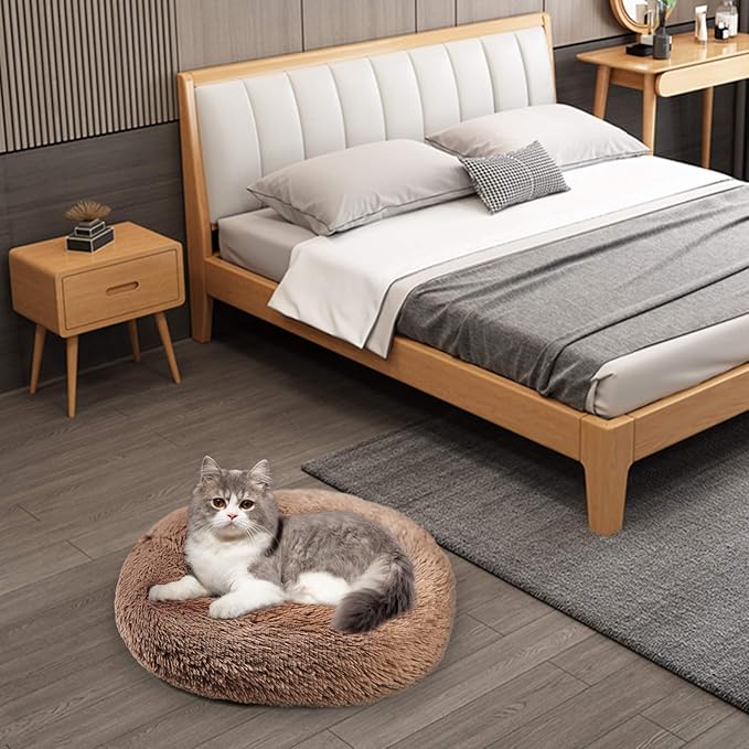 Aurako Cat Bed Dog Bed Round Cushion Pet Bed Mat Ultra Soft Plush Donut Sofa Comfortable Pillow Machine Washable Pet Cuddle Beds for Kitten Small Medium Large Dogs Cats 20" Khaki