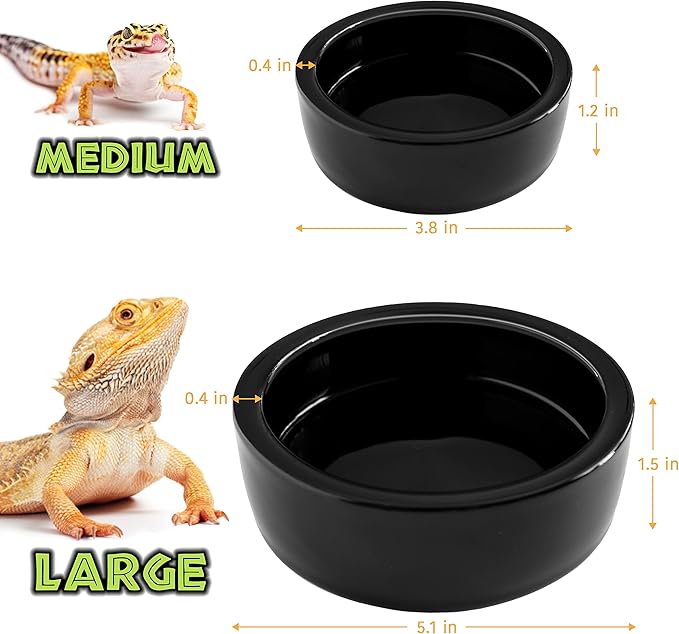 Reptile Food Dish Bowl - Anti-Escape Ceramic Worm Water Dish Feeder for Mealworm, Superworm, Dubia Roaches, Lizard, Leopard Gecko, Bearded Dragon, Chameleon, Skink, Tegu, Snake (Large, Black)