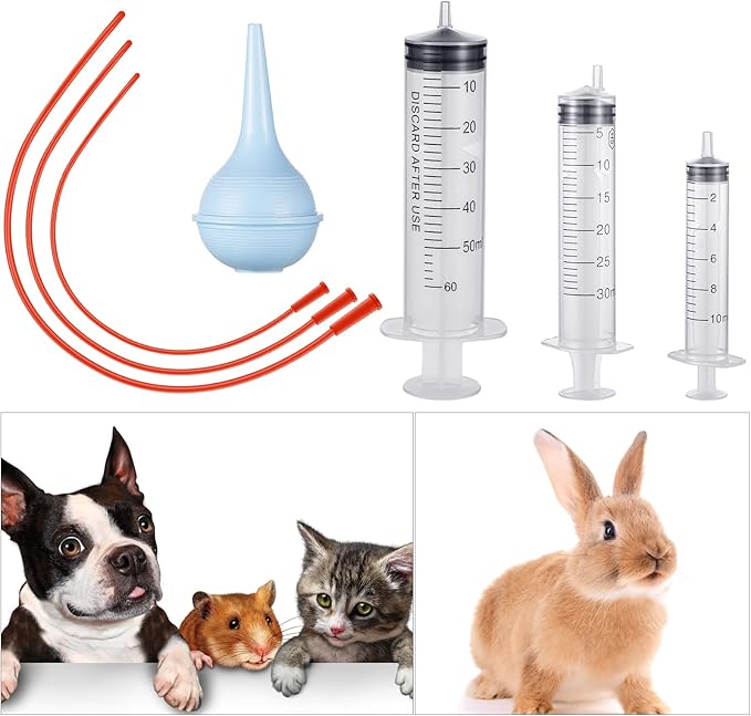 7 Pack Tube Feeding Kit for Puppies Puppy Feeding Tube Includes 3 Pack 8 FR Red Feeding Tubes, 3 Pack 10 ml 30 ml 60 ml Syringes, Bulb Syringe for Lamb Goat Puppy Whelping Kitten Measuring Watering