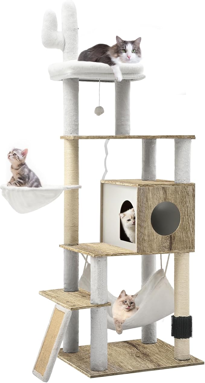 YITAHOME Modern Cat Tree for Indoor Cats with Self-Grooming Brush, 69" Tall Wooden Cat Tower with Condo, Hammock, Scratching Post, Board, Removable Pads for Kittens Big Cats,Greige
