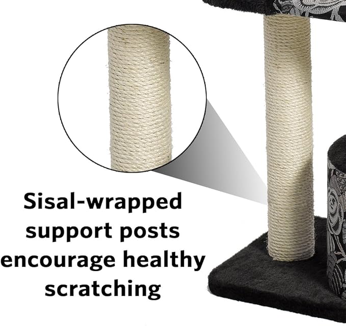 MidWest Homes for Pets Cat Tree | "Carnival" Cat Furniture, 3-Tier Cat Activity Tree w/ Sisal Wrapped Support Scratching Posts & Dangle Play Balls, Black / White Floral, Medium Cat Tree