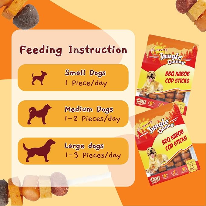 Jungle Calling Dog Treats, Six Flavor Dog Kabob with Cod, Rawhide Free Dog Chews, Made with Chicken, Duck, Beef, Sweet Potato and Pumpkin, Cod Sticks for Dogs