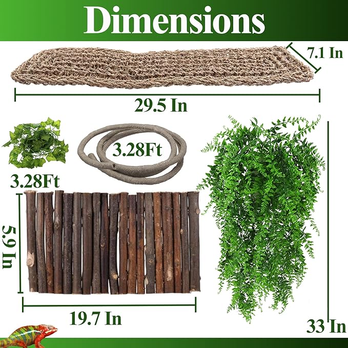 HERCOCCI Bearded Dragon Tank Accessories, Large Reptile Bridge Hammock Flexible - Jungle Climbing Vines and Leaves with Suction Cups Habitat Décor for Hiding& Climbing Snake Gecko Lizard Chameleon