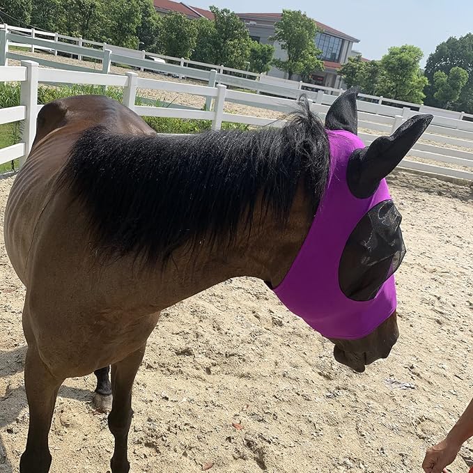 Upgrade Uv Horse Fly Mask with Ears - Equine Sunscreen Lycra Quiet Ride Elasticity Fly Mask with Ear Protection (Purple)