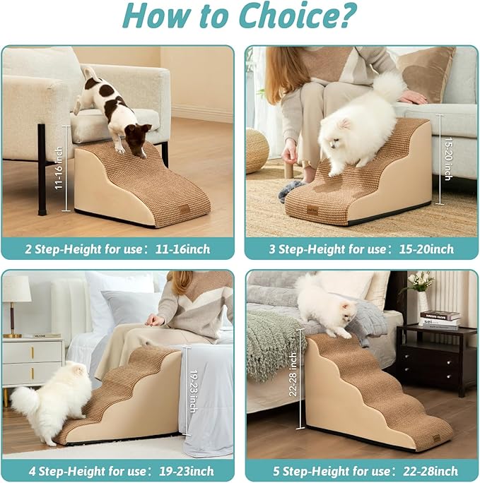 Dog Stairs for High Bed 23" H, Small Dogs Ramp with Leakproof Fabric Cover, Foam Pet Step for Cat or Couch, Lightweight, Non-Slip, Durable, Comfort, 15.7x33x22.6in, Light Brown, 5 Tiers