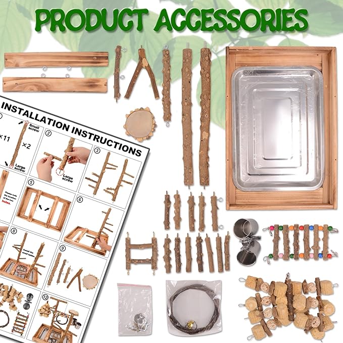 Bird Playground, Natural Wood Bird Perch Stand, Bird Parrot Parakeet Toys, Bird Perches, Bird Platform, Bird Cage Accessories, with Removable Tray and 2 Stainless Steel Cups
