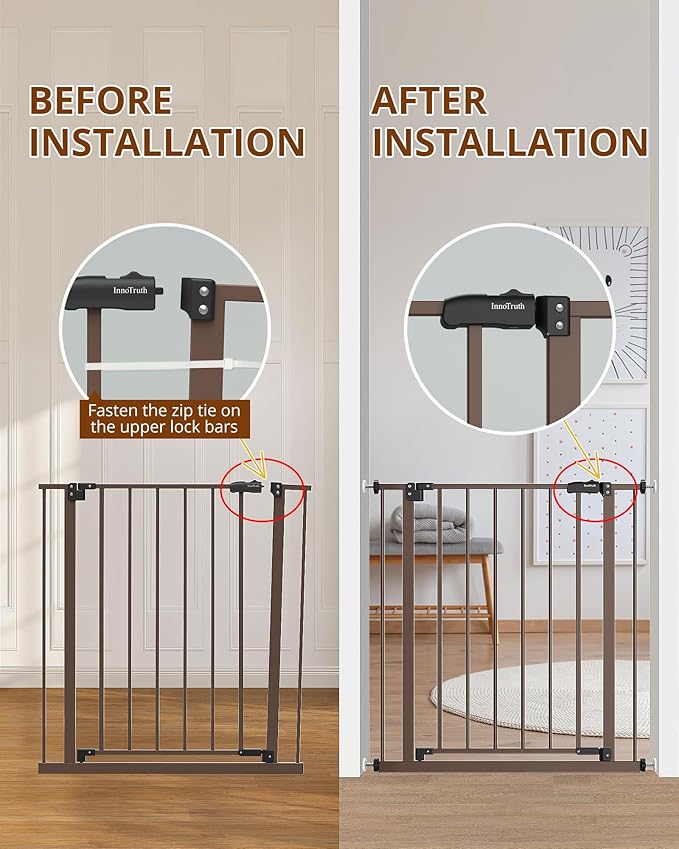 InnoTruth Baby Gate for Stairs 28.9-42.1" Wide, 30" Tall Easy Step Walk Through Expandable Dual Lock Dog Gates for The House, Metal Pressure Mounted Easy Install Pet Gate for Dogs, Brown