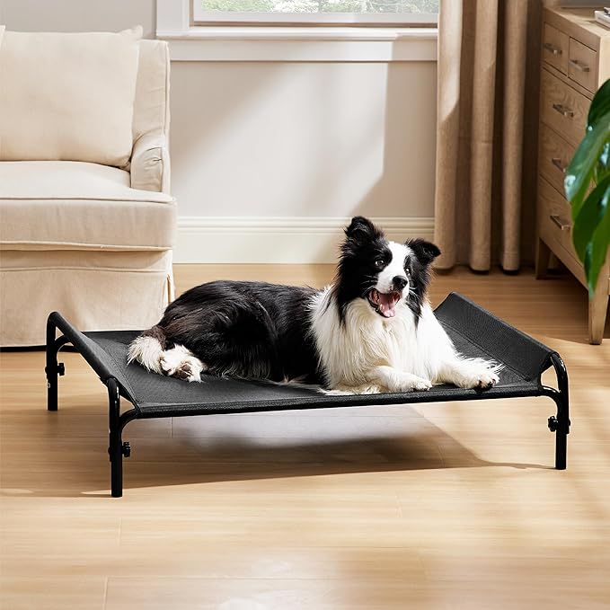 Bedsure XL Elevated Raised Outdoor Dog Bed - Cooling Dog Cot Bed with Bolster for Extra Large Dog, Lifted Pet Bed with Breathable Teslin Mesh, Dog Hammock Bed with Non-Slip Feet, Black, 42 inches