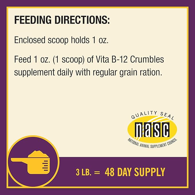 Horse Health Vita B-12 Crumbles Supplement for Horses, Supports red Blood Cell Production for Peak Performance, 3 pounds, 48 Day Supply (Pack of 2)