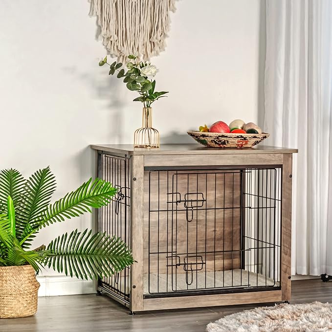 DWANTON Dog Crate Furniture with Cushion, Wooden Dog Crate with Double Doors, Dog Furniture, Dog Kennel Indoor for Small/Medium/Large Dog,End Table, Small, 27.2" L, Greige