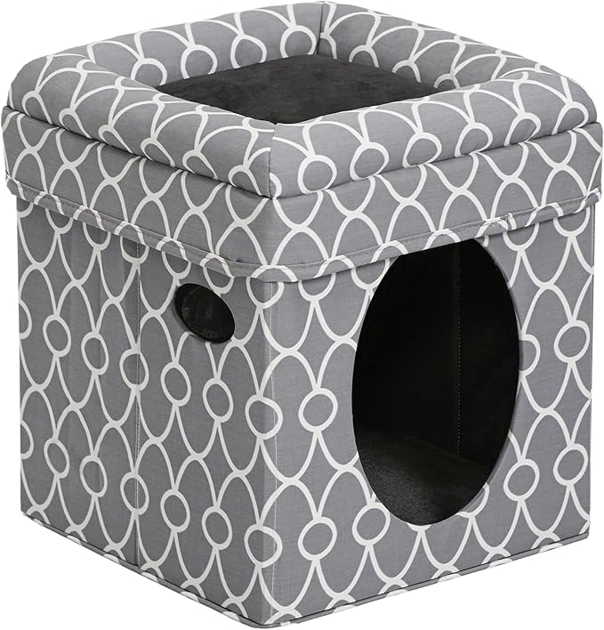 MidWest Homes for Pets Cat Cube Cozy Cat House / Cat Condo in Fashionable Gray Geo Print 15.5L x 15.5W x 16.5H Inches