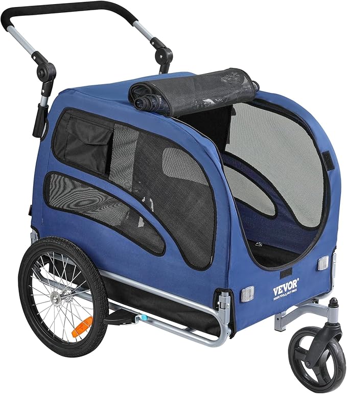 VEVOR Dog Bike Trailer, Supports up to 66/88/100 lbs, 2-in-1 Pet Stroller Cart Bicycle Carrier, Easy Folding Cart Frame with Quick Release Wheels, Universal Bicycle Coupler, Reflectors, Flag