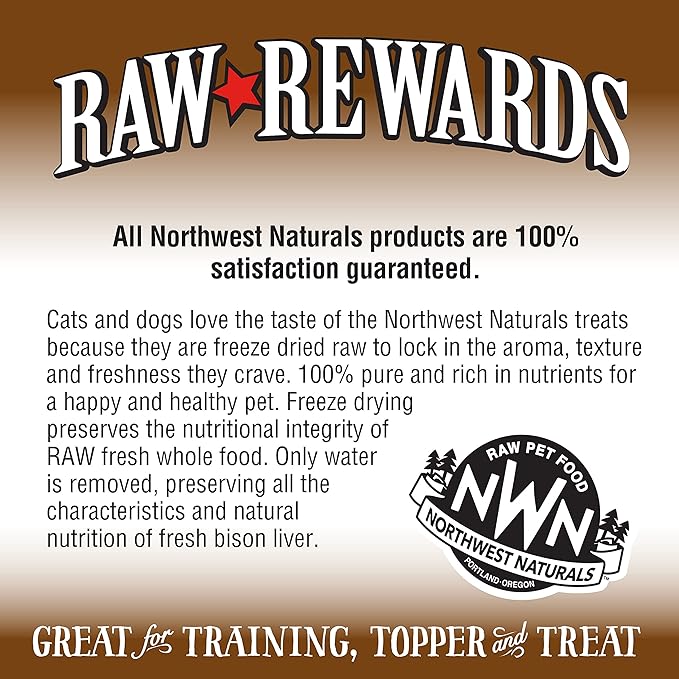 Northwest Naturals Raw Rewards Freeze-Dried Bison Liver Treats for Dogs and Cats - Bite-Sized Pieces - Healthy, 1 Ingredient, Human Grade Pet Food, All Natural - 3 Oz (Packaging May Vary)