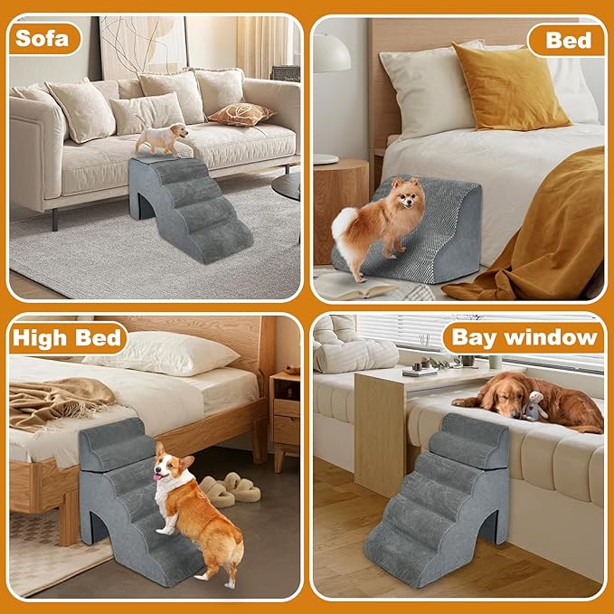 Dog Stairs Ramp for High Bed, 31.5 in Height 6-Step Curved Dog Steps for Small Dogs and Cats, Foam Pet Stairs for Couch, Non-Slip Balanced Portable Pet Step Indoor