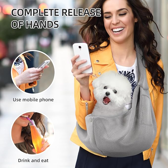 Dog Carrier Sling - Ultra Breathable Reversible Puppy Carrier Purse with Storage Pocket, Travel Safety Harness, Hand-Free Dog Sling Carrier for Carry Small Dogs and Cats, Dog and cat Harness (Gray)