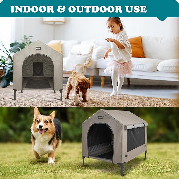 2 in 1 Dog House,Elevated Dog Bed with Removable Cover, Indoor & Outside Puppy Shelter Cot,Raised Dog Bed for Small Dogs & Cats (Brown, Small)