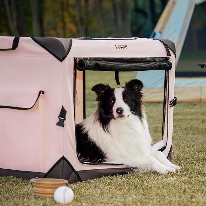 Lesure Collapsible Dog Crate - Portable Dog Travel Crate Kennel for Large Dog, 4-Door Pet Crate with Durable Mesh Windows, Indoor & Outdoor (Pink)