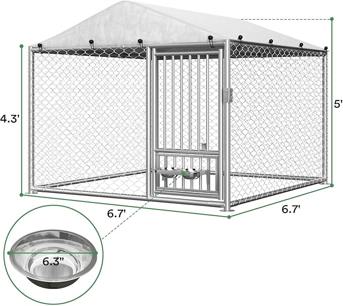 Outdoor Dog Kennel with Roof, Outside Dog Kennel Heavy Duty Dog Run Fence with Waterproof Sun-Proof Cover and 2 Stainless Steel Dog Bowl