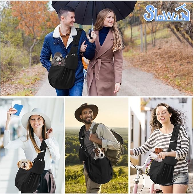 SlowTon Dog Carrier Sling - Thick Padded Adjustable Shoulder Strap Dog Carriers for Small Dogs, Puppy Carrier Purse for Pet Cat with Front Zipper Pocket Safety Belt Machine Washable (Black S)