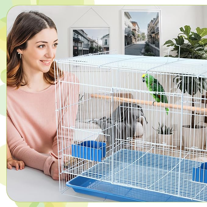 Layhit 4 Pcs Flight Bird Cage Foldable Metal Bird Crate with Food Boxes and Standing Posts Iron Parrot Cage White Bird Cage for Small Parrots Parakeets Cockatiels Budgies Conures Quaker Finches