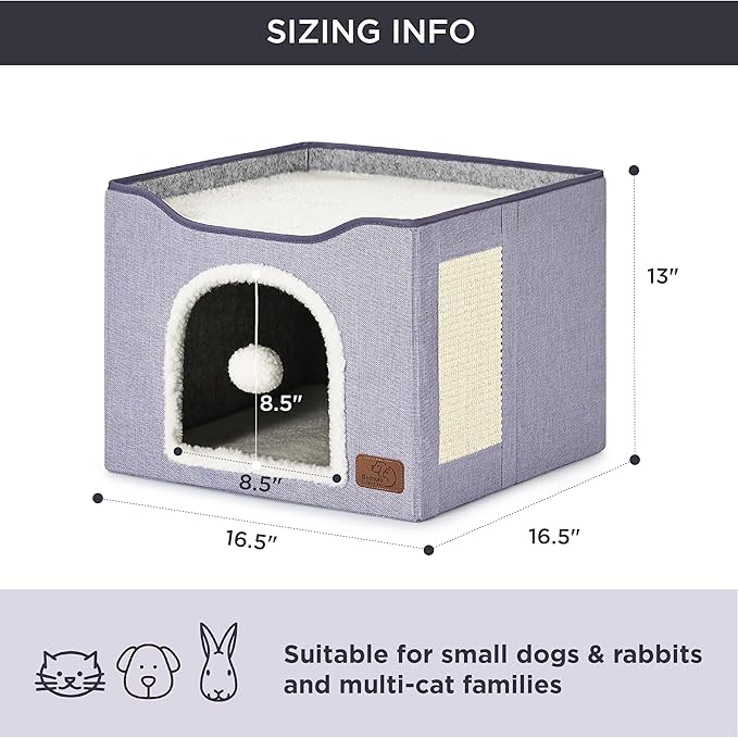 Bedsure Cat Beds for Indoor Cats - Large Cat Cave for Pet Cat House with Fluffy Ball Hanging and Scratch Pad, Foldable Cat Hideaway,16.5x16.5x13 inches, Light Purple