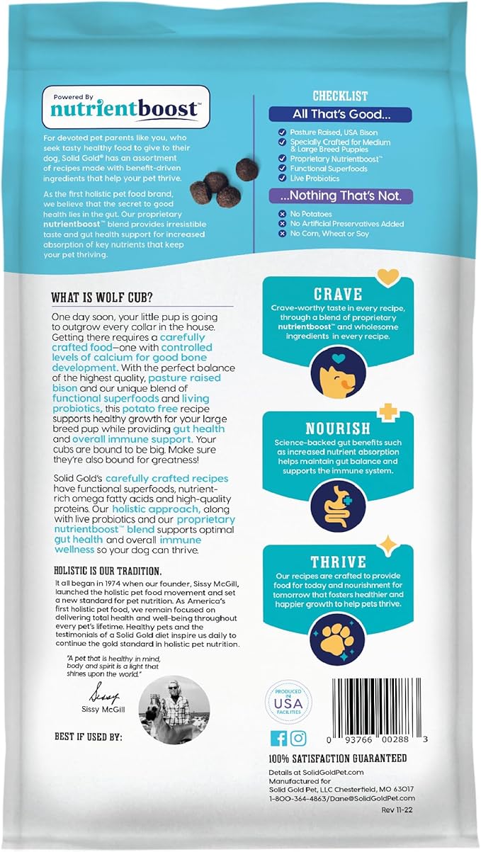 Solid Gold Large Breed Puppy Food w/Nutrientboost - Made with Real Bison, Oatmeal & Barley - Wolf Cub Whole Grain Puppy Food for Large Breed for Healthy Growth and Balanced Nutrition - 22 LB Bag