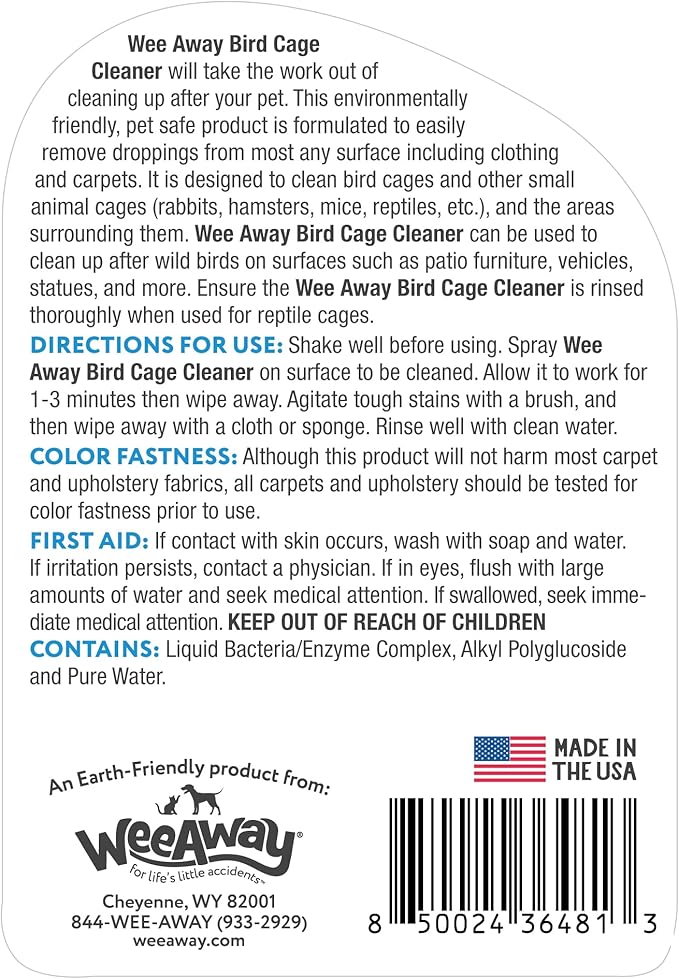 Bird Cage Cleaner and Bird Poop Remover, Made in USA, Natural Pet Enzyme Cleaner for Car, Cage, Birdbath (16oz)