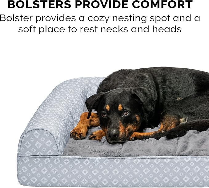 Furhaven Cozy Orthopedic Dog Bed for Large/Medium Dogs w/ Removable Bolsters & Washable Cover, For Dogs Up to 55 lbs - Plush & Diamond Print Nest Top Sofa - Gray, Large