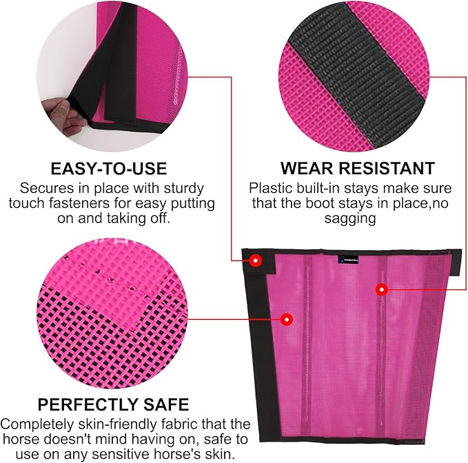 Horse Fly Boots, Adjustable Fly Boots for Horses Set of 4, Comfortable Horse Leggings, Breathable Plastic Mesh Material, Horse Supplies for Reduces Stress & Leg Fatigue (Pink)