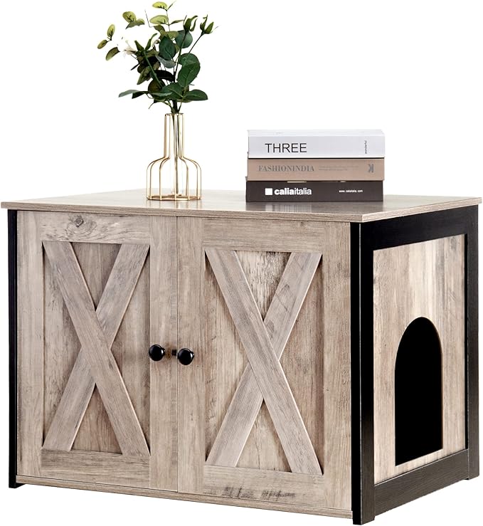 DWANTON Litter Box Enclosure, Cat Litter Box Furniture Hidden, Reversible Entrance Can Be on Left or Right Side, Wooden Cat Washroom Indoor, Fit Most of Litter Box, 27.6 x 19.7 x 19.7 Inches