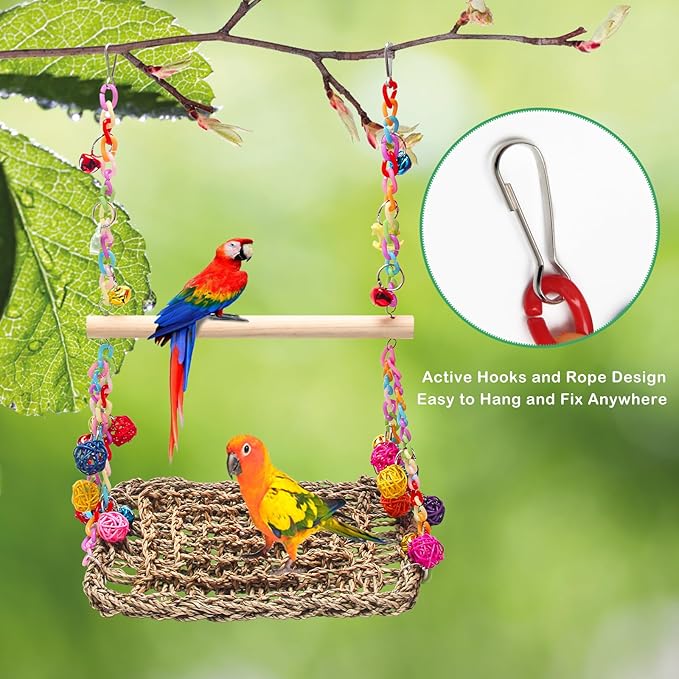 Bird Swing Toys with Wood Perch, AHIER Bird Seagrass Woven Hammock Swing Mat Bird Climbing Hammock Bird Perch Stand Chewing Toy for Parakeets, Budgie, Conure, Cockatiel, Lovebird