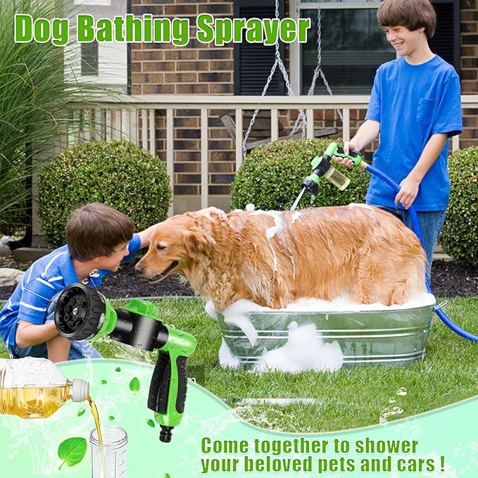 Dog Washing Hose Attachment with Soap & Shampoo Dispenser, 8-Way Spray Modes Pup Jet Dog Wash, Garden Hose Nozzle Sprayer for Watering Plants, Lawn, Patio, Car Wash, Showering Pet Outdoor