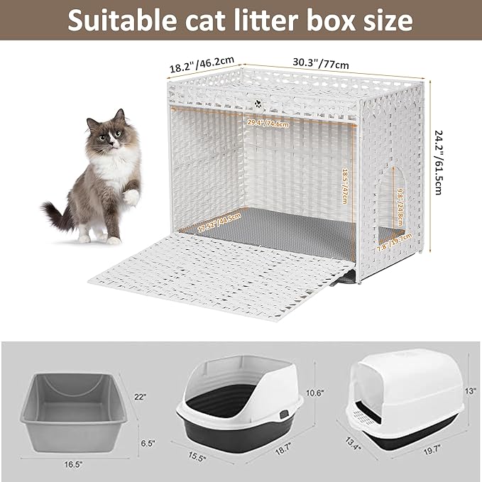 Cat Litter Box Enclosure with Soft Litter Mat; Hidden Cat Washroom Furniture with Door; Handwoven Rattan Cat House with Large Space; Pet Crate for Living Room, Bedroom, Balcony (White)