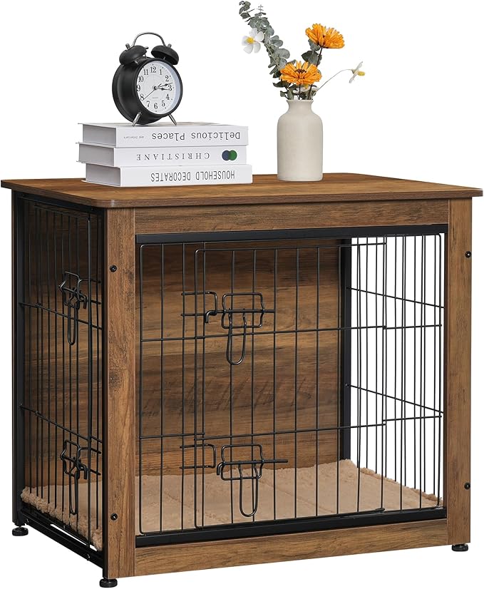 DWANTON Dog Crate Furniture with Cushion, Wooden Dog Crate with Double Doors, Dog Furniture, Dog Kennel Indoor for Small/Medium/Large Dog,End Table, Small, 27.2" L, Warm Brown
