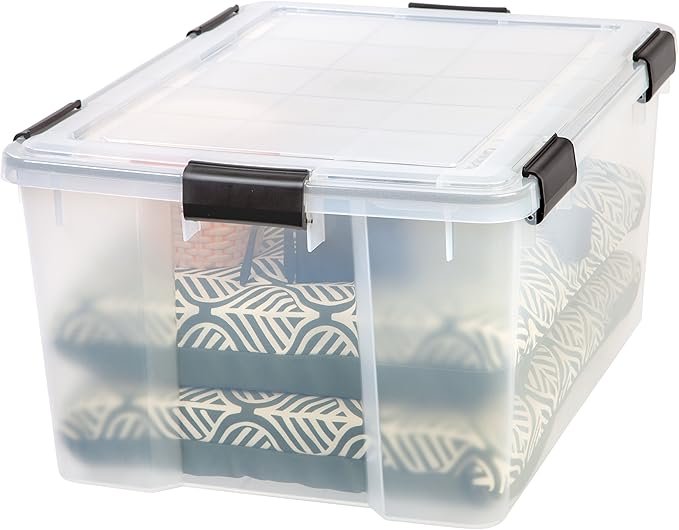 IRIS USA 63 Qt Storage Box with Gasket Seal Lid, 2 Pack - BPA-Free, Made in USA - Heavy Duty Moving Containers with Tight Latch, Weather Proof Tote Bin, WEATHERPRO - Clear/Black